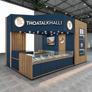 Modern booth design for Thoatalkhalli. Sleek and contemporary aesthetic with blue and wooden accents. Large Thoatalkhalli logo in bold font. Glass countertop display with branded elements.