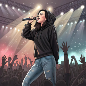 Charli XCX on stage at NME Awards, wearing a casual outfit of black hoodie and jeans. Crowd cheering in background