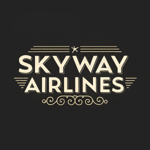 Vintage logo design for Skyway Airlines. Bold serif font. White text on black background. Simple and elegant. Centered airline name.