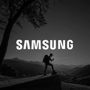 Minimalist logo design. Brand name 'Samsung' in bold, modern sans-serif font. White text on a deep black background.