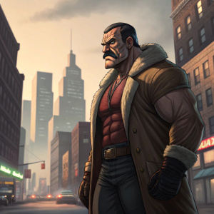 Digital artwork of Mayor Haggar from Final Fight, a powerful, muscular figure with a fierce expression, set against an urban cityscape backdrop
