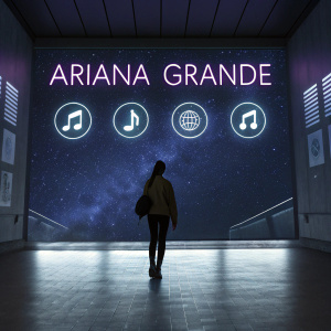 Ariana Grande's magical music portal, shrouded in darkness. Lined with glowing titles of her enchanting songs. Each track floats like a star in the cosmos.