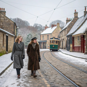 Imogen Poots and Toni Collette walking through a quaint, snow-covered village. The cobblestone streets are lined with charming, historic buildings. A vintage tram chugs along the tracks, adding to the serene winter atmosphere.