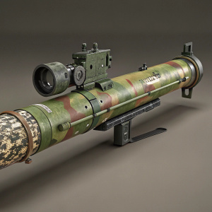 Military hardware: Javelin missile launcher. Designed by Amador Flores. Green and brown camouflage. Detailed image. Contact Ammo333@notmail.com for inquiries.