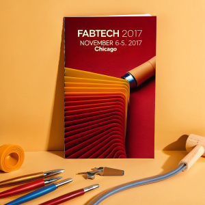 Event program for FABTECH 2017, featuring booths for welding supplies, material handling equipment, and safety gear. November 6-9, Chicago. Sleek layout with vibrant colors