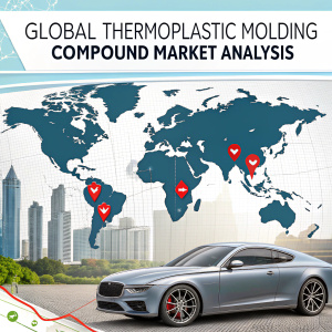 Infographic: Global Thermoplastic Molding Compound Market Analysis. Featuring world map, sleek car image, market segments, growth projections, application sectors, detailed text on market research and industry reports.