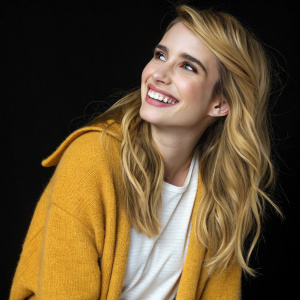 Close-up photo of Emma Roberts, Caucasian actress. Cheerful smile. Long wavy blonde hair. Stylish mustard yellow oversized sweater. White t-shirt underneath. Black background, soft lighting.