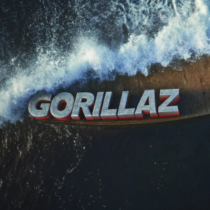 Dynamic promotional poster featuring the bold 'Gorillaz' logo in vibrant white against a sleek black backdrop.