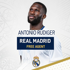 Antonio Rüdiger, Chelsea FC player, shown in a graphic announcement revealing his transfer to Real Madrid as a free agent. Clean, modern design with minimal background