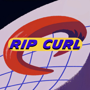 Dynamic and modern logo for 'Rip Curl'. Red wave graphic with bold font. Campaign text included. White background.