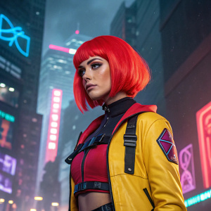 Delia, the character from Free Fire, in a vivid cosplay setup. Wears a bright red wig, cyberpunk outfit. Futuristic cityscape with neon lights and holograms in the background.