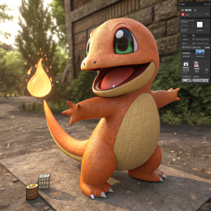 Charmander-like Pokemon in a 3D modeling software. Rendered in warm, earthy tones. Playful pose with a big smile. Digital art scene with UI elements visible