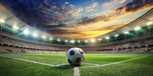imagen a ras de césped de partido de futbol, estadio de fondo con graderíos llenos