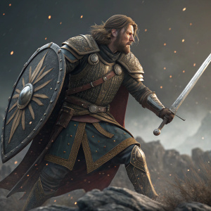 3D render of Boromir, warrior in detailed armor, holding sword and shield, posed in epic battle stance, digital art