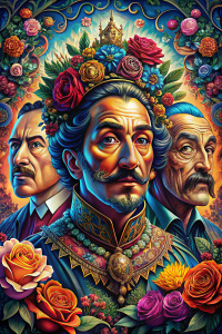Salvador Dali, William Shakespeare, Charlie Chaplin. Movie poster, floral ornament