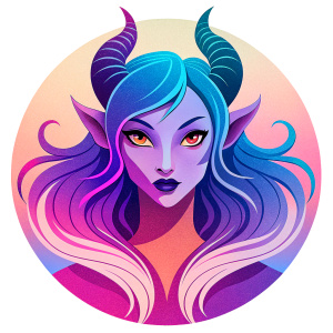 Succubus with gradient hair in purple, lilac, pink colors, with mysterious face