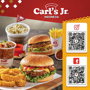 Promotional poster for Carl's Jr. Indonesia featuring various menu items, ongoing deals, and social media QR codes.