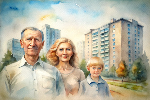 family grandfather grandmother father mother and son daughter in front of the block of flats