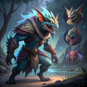 Digital art of Dota 2's custom Slark set. Multiple views and poses showcased.