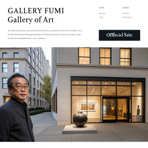 The official site for Gallery FUMI highlights the gallery's commitment to art. A man and an object are shown in a featured image. On the right, a photo of a modern building with large windows and an inviting entrance. The design is sleek and professional.