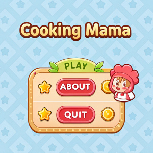 Digital interface for cooking game 'Cooking Mama'. Playful cartoon-style with vibrant colors. Title 'Cooking Mama' prominently displayed. Buttons for 'Play', 'About', and 'Quit'. Light blue background with patterned design.