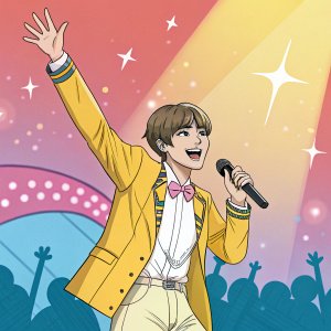 Cartoon illustration of a K-pop idol. Brightly colored, lively background. Anime-style, waving with both hands