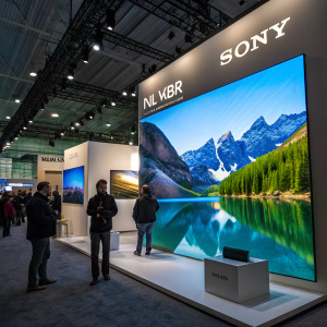 Sony booth at CES. 4K HDR display showcasing serene mountain and lake landscape. Brightly lit trade show environment.