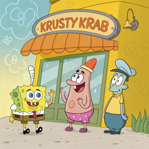 Illustration of SpongeBob SquarePants and his friends from Bikini Bottom. Vibrant colors and cartoon style. The Krusty Krab is featured prominently with a big breaking news banner. The background is bright yellow.