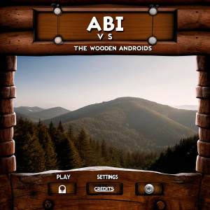 Digital artwork for 'Abi vs The Wooden Androids' main menu. A cartoon-style, rustic illustration featuring a mountainous backdrop. Play, settings, and credits icons clearly visible. Game title displayed prominently at the top.