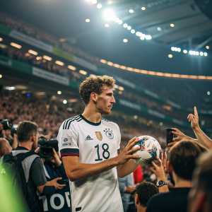 Leon Goretzka, in his number 18 jersey, center of attention in a bustling stadium. Surrounded by enthusiastic fans, he holds the ball firmly.