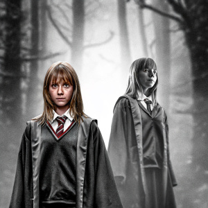 High-resolution 3D render of Hermione Granger from the Harry Potter series. She stands confidently, one profile view, another frontal shot. Wearing school robes with Gryffindor tie. Dark, misty forest background