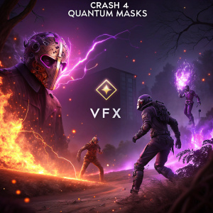 Digital art piece showcasing VFX concepts for 'Crash 4: Quantum Masks'. Dark, fiery, and dramatic aesthetic with shades of purple and flame-like effects. Concepts labeled for visual effects.