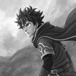 Digital painting of a Black Clover character. Stylized, dramatic pose. Grey-scale colors. Textured background. Anime series