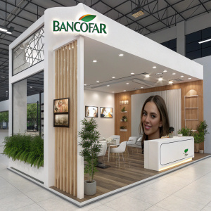 Bancofar's booth at the wellness expo. Sleek, modern design with white and wood. Large logo above entrance. Prominent woman's face featured prominently on side panel. Inside, contemporary furnishings and displays showcasing health and financial services. Impressive, inviting interior.