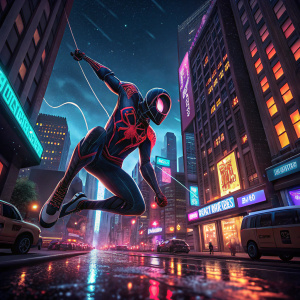 Miles Morales, aka Spider-Man, swinging through the neon-lit streets of New York City at night.