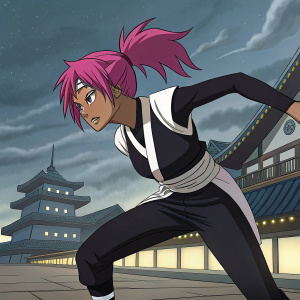 Yoruichi Shihōin, vibrant pink hair, in a fierce pose. Wears black and white uniform. Training at Soul Society