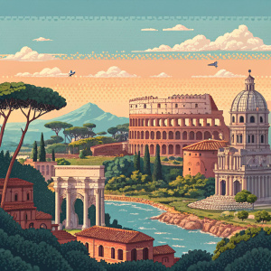 Pixel art rendering of Lazio, Italy, featuring vibrant colors and detailed landmarks.