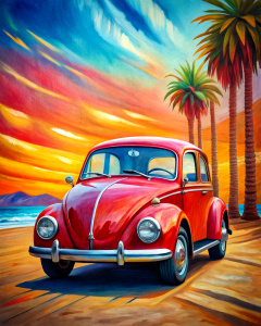 old vw red bettle, california themed, brush draw