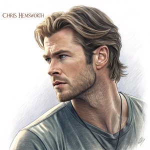 Chris Hemsworth, pencil sketch, side profile, intense gaze, no facial hair, dressed in casual t-shirt, light and shadow effect prominent, artist signature present