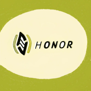 Modern logo featuring 'HONOR' in sleek sans-serif font on the right, with a simple, abstract golden emblem on the left. Set against a stark black background. Contemporary and sophisticated design with metallic elements.