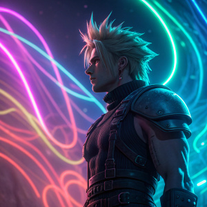 Digital art depicting character body parts from Final Fantasy VII. Abstract background with neon colors.