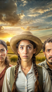 Genera una imagen hiperrealista de 3 personas sorprendidas en un entorno de campo