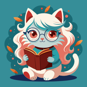 Cute, long-haired white cat with glasses reading a book