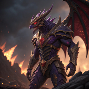 Digital art of Dark Star Cho'Gath, a formidable dragon-like figure from League of Legends. He has a menacing, sharp face with a body covered in intricate purple, gold, and red scales. Set against a fiery backdrop, the detailed artwork showcases his powerful movement and glowing red eyes.