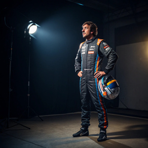 Fernando Alonso, Spanish racing driver, posing in a high-tech race suit with helmet. Dark room with spotlight