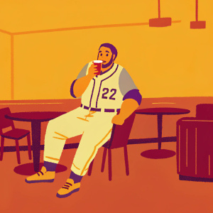 Ramon Laureano, baseball player, number 22 jersey, posing for a candid shot in a cozy coffee shop. Minimalist, indoor setting