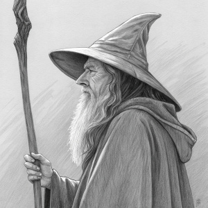 A pencil drawing of Gandalf. Wearing long robes and a pointed hat. He holds a staff in one hand. Neutral background