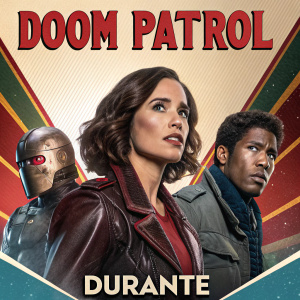 Promotional poster for 'Doom Patrol' featuring a diverse cast of characters. Title includes the Spanish phrase 'Durante'