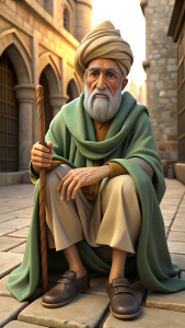 Generate an anime style image of a old wise man siting in a old street in a old city in Pakistani dress, holding a stick in his hand, old story taller wise man, Disney style, anime style, cartoon style, shot with Sony Alpha a9 II and Sony FE 200-600mm f/5.6-6.3G OSS lens, natural light, 64k
