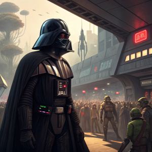 Darth Vader, in menacing pose. Standing in the midst of a bustling spaceport. Alien creatures and diverse beings populate the background.